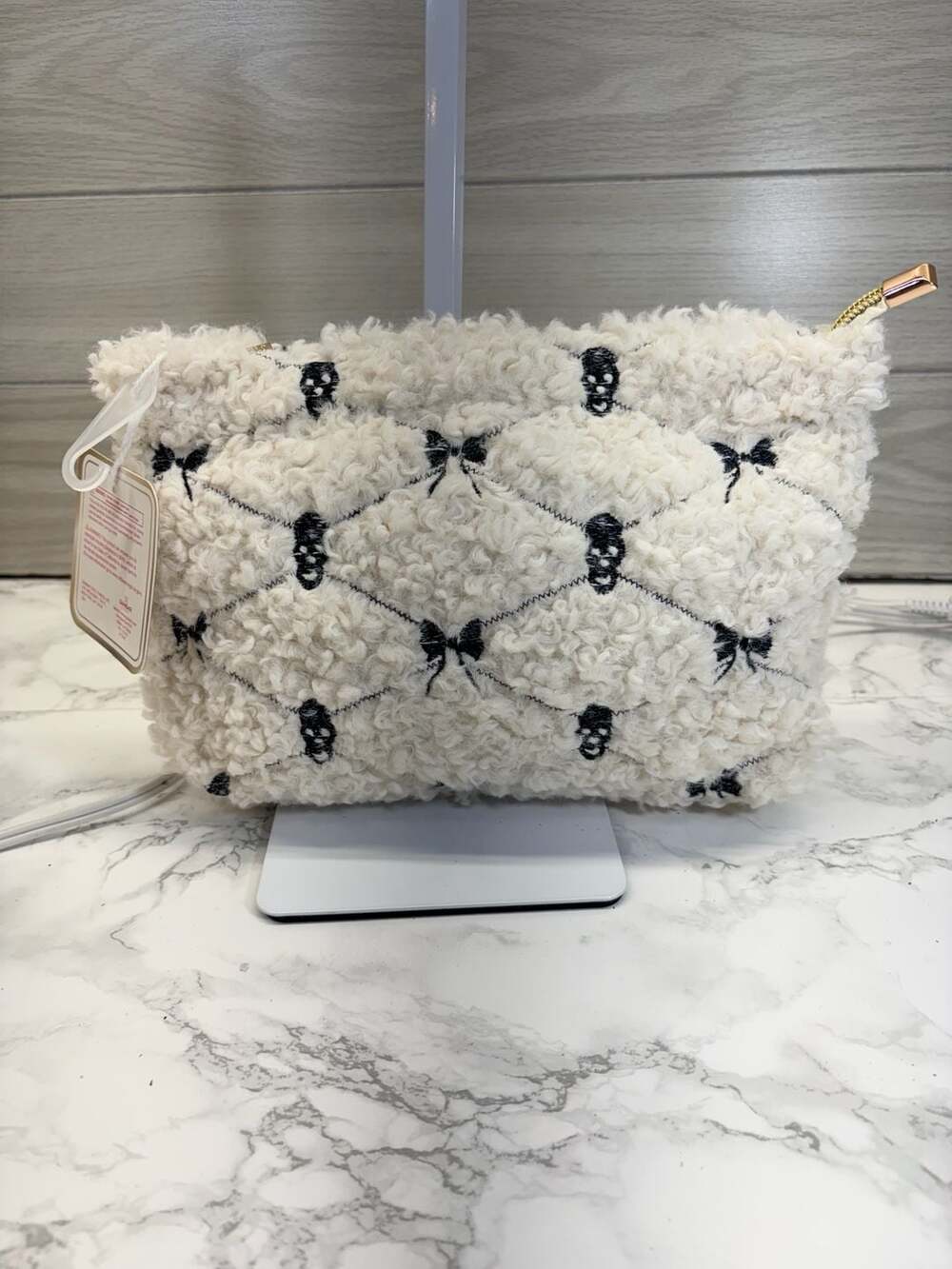 Gloss & Glo White Sherpa Skull and Bow Cosmetic Bag
